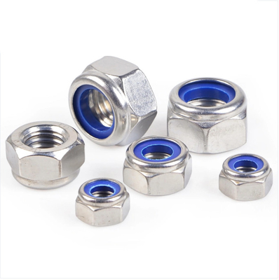 M3-M20 Hex Head Nuts Nylon Lock สีฟ้าสีขาวสังกะสีเหล็กกล้าคาร์บอนต่ำ Din 985 Fasteners อุตสาหกรรม